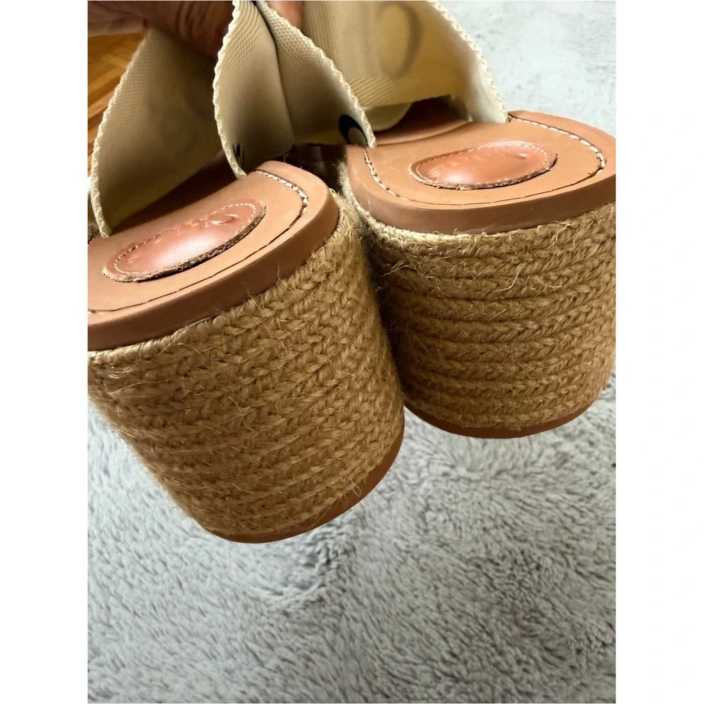 CHLOÉ Woody Logo Platform Slide Sandals Womens EU 39 Ivory‎ Canvas Espadrille